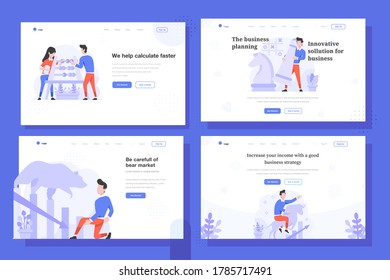 Vector de página de aterrizaje Ilustración estilo de diseño plano, hombre y mujer haciendo cálculo con ábaco, estrategia de ajedrez, mercado de oso, tendencia de toro, aumento, disminución