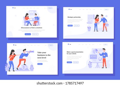 Landing Page Vector Illustration flat design style, man and woman doing discussion of meeting, deal agreement, seeing company vision, presentation