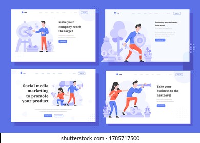 Landing Page Vector Illustration flat design style, man and woman doing target market, shield protection, social media marketing, company vision