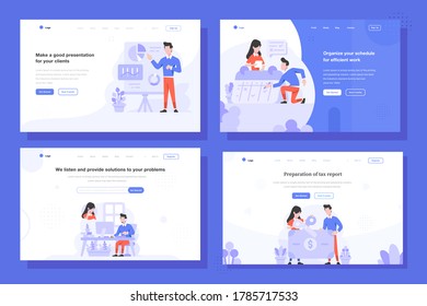 Landing Page Vector Illustration flat design style, man and woman doing presentation, scheduling with calendar, customer service call, and tax cutting