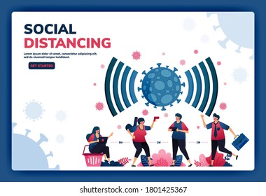 Landing page vector illustration of social distancing and new normal protocols for work and activities during a pandemic. Symbol icon for virus, radar, signal, network and wifi of covid-19. Web, apps