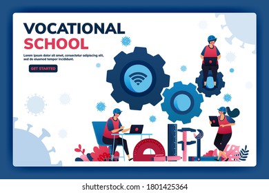 Landing Page Vector Illustration Of Vocational Education Scholarships And E-learning To Support Human Resources During The Covid-19 Virus Pandemic. Symbols Of Machines Tools. Web, Website, Banner