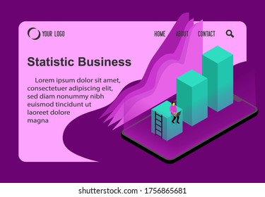 Landing page Vector isometric concept statistic business cheking a young monitor, concept volume box on smartphone simple design, vector illustration on a work a young sign