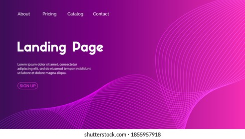 Landing page vector template. Abstract minimal background with dynamic wavy lines for web sites design