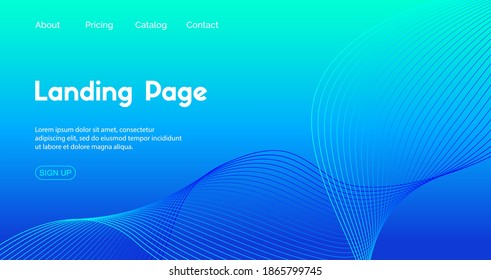 Landing page vector template. Abstract blue gradient background with wavy line for business web site trendy design