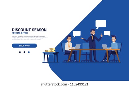 LANDING PAGE VECTOR TEMPLATE FOR BUSINESS, WITH BRIEFING PEOPLE ON THE DESK