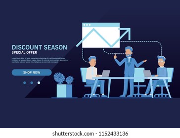 LANDING PAGE VECTOR TEMPLATE FOR BUSINESS, WITH BRIEFING FACELESS PEOPLE ON THE DESK