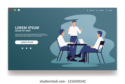 LANDING PAGE VECTOR TEMPLATE FOR BUSINESS, WITH MEETING PEOPLE ON THE DESK