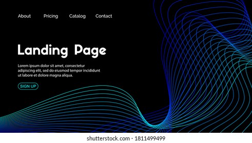 Landing page vector template. Dark blue abstract background for home page. Web site header with trendy dynamic lines