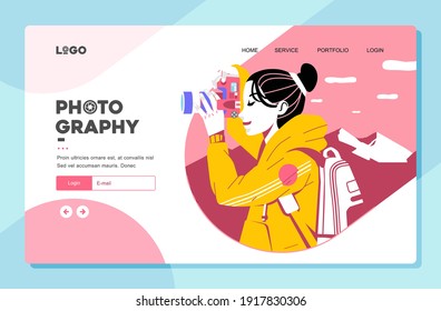 landing page vector template illustration, women taking picture of nature with digital camera and bring backpack, nature photography. used for landing page illustration, website image and other