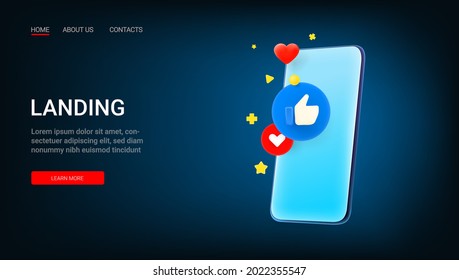 Landing page vector template with modern mobile phone and social media icons