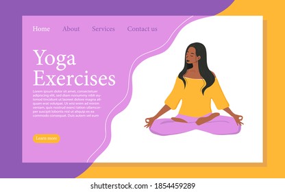Landing page vector template for yoga exercises. Website interface layout of the home page for meditation. Fitness training web banner, a web page concept for yoga training