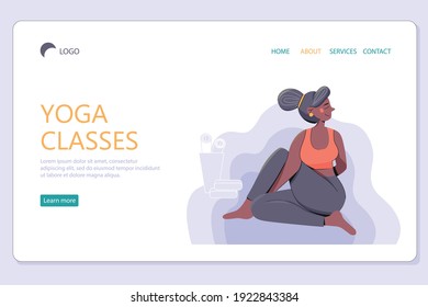 Plantilla de vector de página de aterrizaje para ejercicios de yoga. Diseño de la interfaz del sitio web de la página principal para la meditación. Banner web de entrenamiento de fitness, un concepto de página web para entrenamiento de yoga