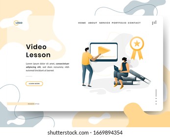 Landing page Video Lesson, the concept of a man sitting on a book while editing a video on a laptop, can be used for landing pages, web, UI, banners, templates, backgrounds, web development.