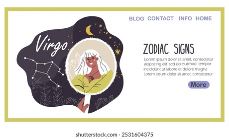 Página inicial com signo do zodíaco de Virgem, horóscopo feminino de avatar. Personagem mulher moderna, personalidade astrológica elegante. Moça da moda com chifres, cordeiro, cabra. Ilustração vetorial gráfica plana.