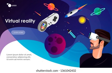 LANDING PAGE/ Virtual reality concept/ man in glasses of virtual relity/ virtual gaming/