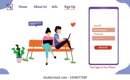 Landing Page Virtual Relationship, online dating and social networking concept vector template design illustration