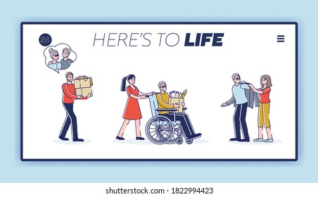 Landing page with volunteers and social workers caring of old people helping and supporting gray haired aged man and woman. Linear vector illustration