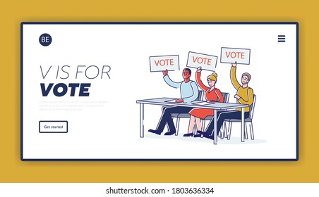 Página de inicio para votar en línea, plantilla de antecedentes de tecnología de elecciones web con gente sosteniendo carteles de voto. Concepto de elección en línea o encuesta social. Ilustración vectorial lineal