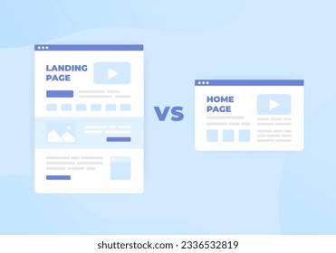 Landing Page vs Home Page concept. Difference between standalone lead generation landing web page, designed for specific marketing campaign and single home page focuses on introducing company