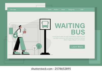 Landing page waiting bus illustration concept. A man is walking towards a bus stop. He is holding a cup of coffee