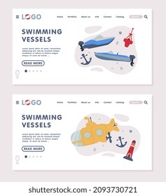 Landing Page with Watercraft or Swimming Water Vessel with Boat and Ship Vector Template