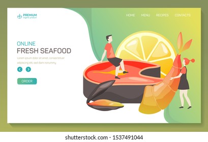 Landing page or web application background for seafood. Online order app for fresh sea, ocean food. Vegan or vegetarian nutrition banner with lemon and shrimp, salmon. Fish food promoting poster