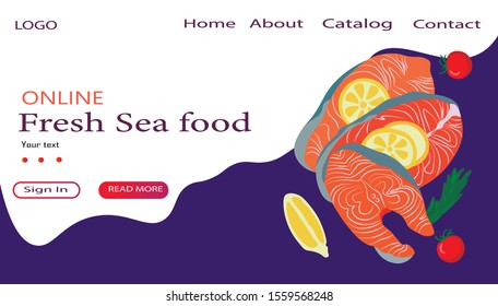 Landing page or web application background for seafood. for fresh sea, ocean food. Vegan or vegetarian nutrition banner with lemon and salmon. Fish food promoting poster