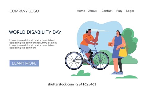 Landing page or web banner concept for World Disabled day. People with Disability, International Day of Persons with Disabilities.Diversity and Inclusion. Flat vector illustration. Vector illustration