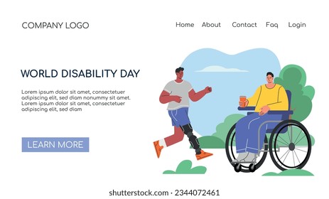 Landing page or web banner concept for World Disabled day. People with Disability, International Day of Persons with Disabilities.Diversity and Inclusion. Flat vector illustration. Vector illustration