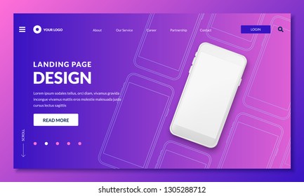 Landing page, web banner design template. White blank screen smartphone realistic 3d illustration, mockup for mobile interface. Vector layout design elements.