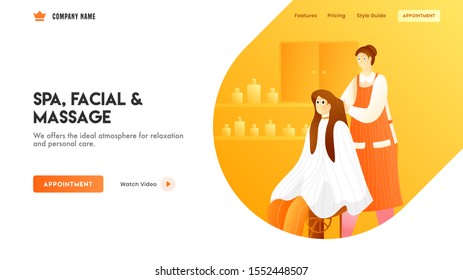 Landing page or web banner design with women character on salon view for Spa, Facial & Massage.
