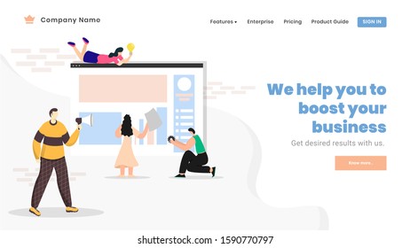 Landing page or web banner design with business people working together on website for Boost your business.