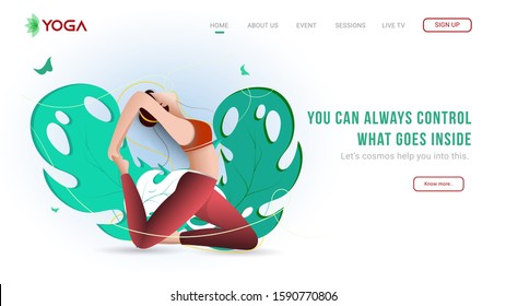 Landing Page Or Web Banner Design With Young Woman Practice Yoga Pirai Asana Pose On Nature View.