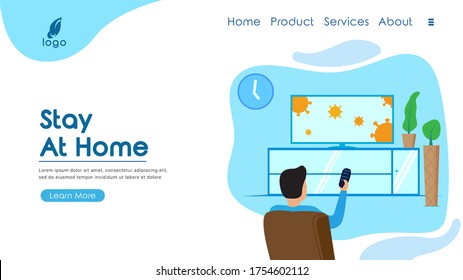 landing page, web banner design, illustration of a man watching tv, staying at home, to prevent transmission of corona virus, covid 19.