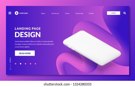 Landing page, web banner template. White blank screen smartphone realistic 3d isometric illustration, mockup for mobile interface. Vector layout design elements. Fluid vibrant gradients background.