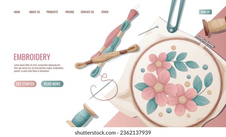 Landing page or web banner template of sewing workshop, needlework, embroidery . Hand-drawn illustrations of sewing tools, hoops, threads, needles.
