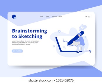 Landing Page Web Brainstorming to Sketching concept, a man doing a sketch on a board, can be used for onboarding mobile apps, web landing pages, banners, posters. vector-illustration