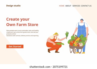 Landing page for web а couple of farmers carry the harvested crop on a garden cart