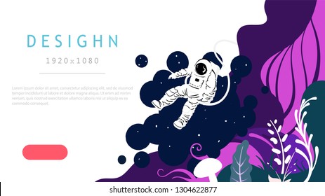 landing page web design, Abstract background with plants and flying in space astronaut.  Isolated on white background.