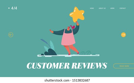 Landing Page, web design, banner with Woman leaving review. Customer experience and satisfaction, positive feedback, five star rating, product or service review and evaluation. Vector illustration