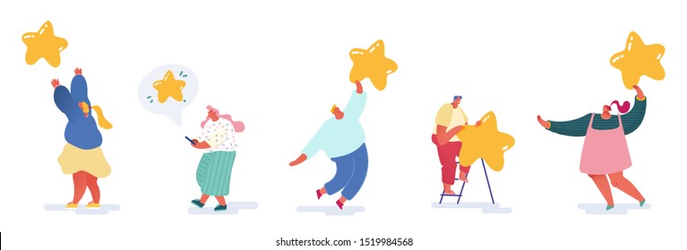 Landing Page, web design, banner with Woman leaving best review. Customer experience or satisfaction, positive feedback, five star rating, product or service review and evaluation. Vector illustration