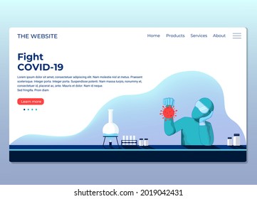 landing page web design Doctor thinking about virus , research , vaccine for covid19 corona virus in a Lab , playing with it like a yo yo , funny style flat design concept minimal