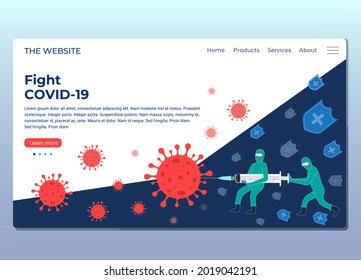 landing page web design doctors fighting with corona virus to save people. concept vector art illustration flat design. covid19 vaccine