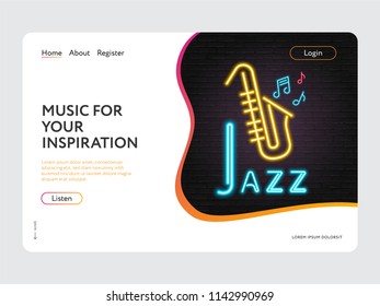 Landing Page Web Design Jazz Music Neon Light Glowing Vector Illustration Saxophone Silhouette
