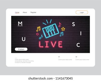 Landing Page Web Design Live Music Neon Light Glowing Piano Instrument with Dark Background 