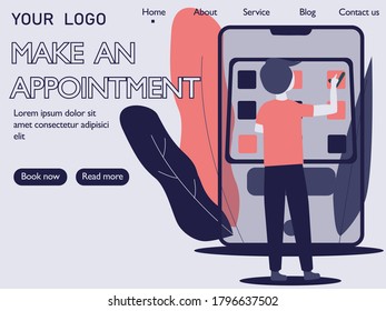 Landing page web design. Man standing in front of big mobile phone and making an appointment. 