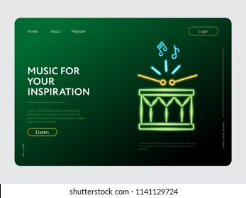 Landing Page Web Design Neon Light Glowing Vector Illustration with Music Instruments Sign Bright. Banner Template, Social Media  and Marketing