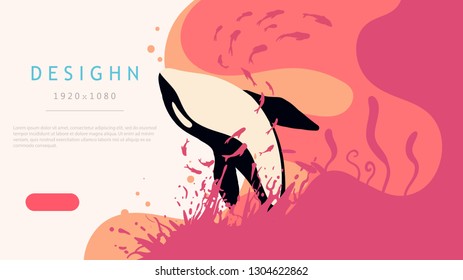Landing page web design, a Shoal of fish swims around a whale jumping out of the water. Illustration on warm orange-yellow background.