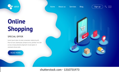 Landing page web design template for online shopping. Modern 3d isometric concept for online internet store. Vector illustration with smartphone, shopping cart, button bye and blue background